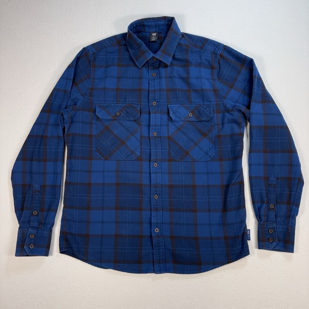 Helly Hansen Flannel Shirt Men's M Blue Plaid Pocket Organic Cotton Button Up